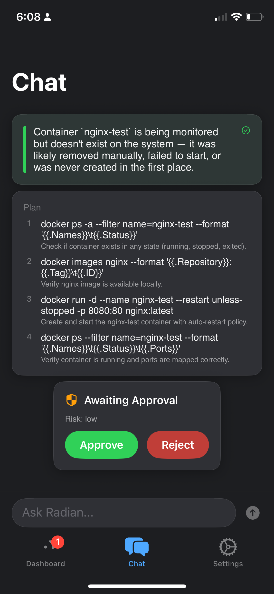 Radian iOS chat showing the diagnostic plan with Approve and Reject buttons