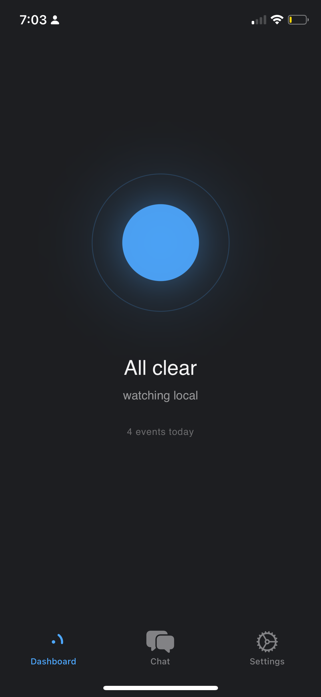 Radian iOS app showing 'All clear' calm state, watching local